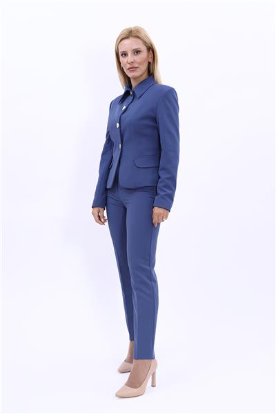 Peplum Ceket & Boru Paça Pantolon Takım-İndigo