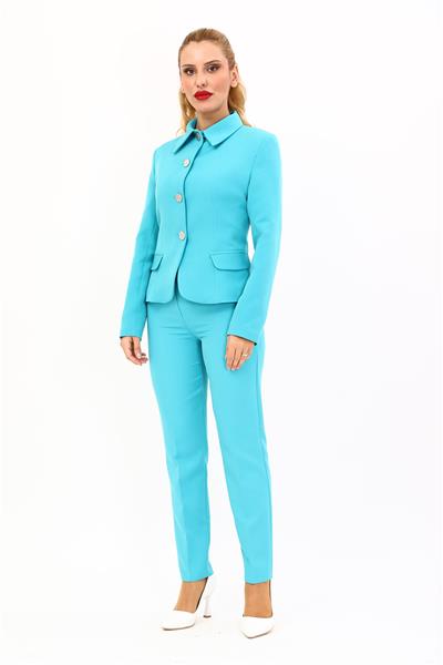 Peplum Ceket & Boru Paça Pantolon Takım-Turkuaz