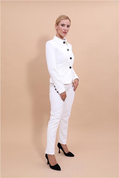 Peplum Ceket & Boru Paça Pantolon Takım-Beyaz