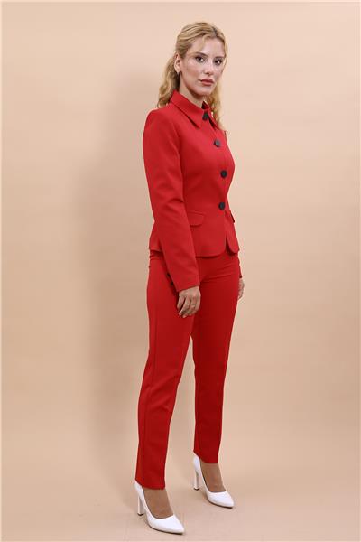 Peplum Ceket & Boru Paça Pantolon Takım-Kırmızı