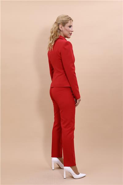 Peplum Ceket & Boru Paça Pantolon Takım-Kırmızı