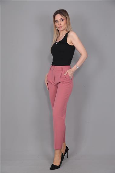 Kemerli Köprülü Dar Paça Pantolon-Gül Kurusu