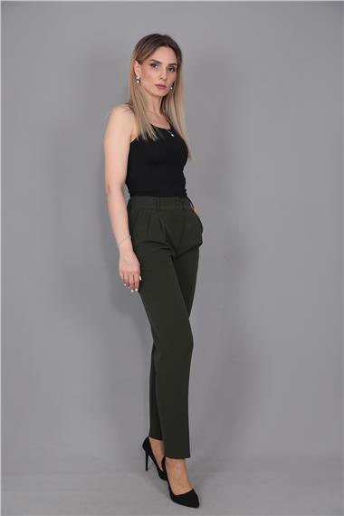 Kemerli Köprülü Dar Paça Pantolon-Haki