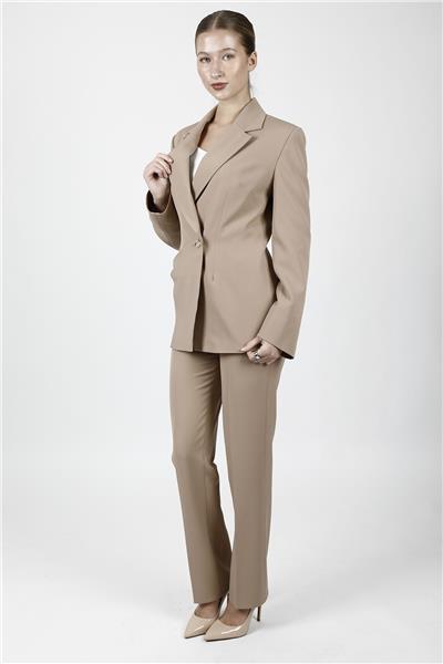 Pileli Kruvaze Tek Düğme Ceket & Cepli Boru Paça Pantolon Kadın Takım Elbise-Taş
