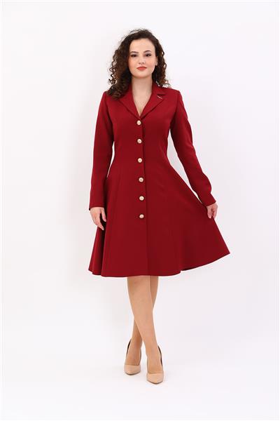 Prenses Düğmeli Zarif Kadın Elbise-Bordo