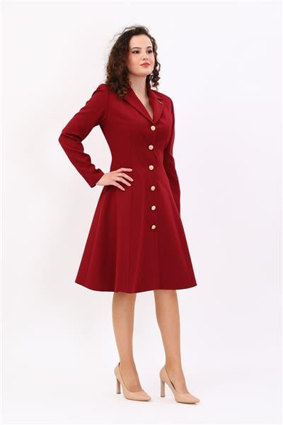 Prenses Düğmeli Zarif Kadın Elbise-Bordo