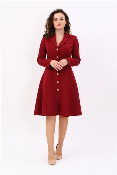 Prenses Düğmeli Zarif Kadın Elbise-Bordo