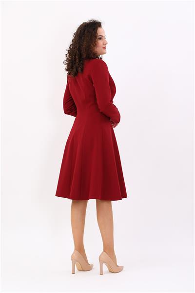 Prenses Düğmeli Zarif Kadın Elbise-Bordo