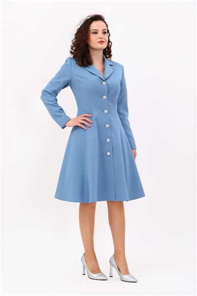 Prenses Düğmeli Zarif Kadın Elbise-Deniz