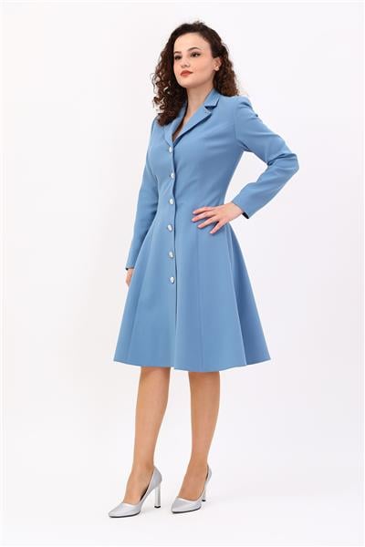 Prenses Düğmeli Zarif Kadın Elbise-Deniz