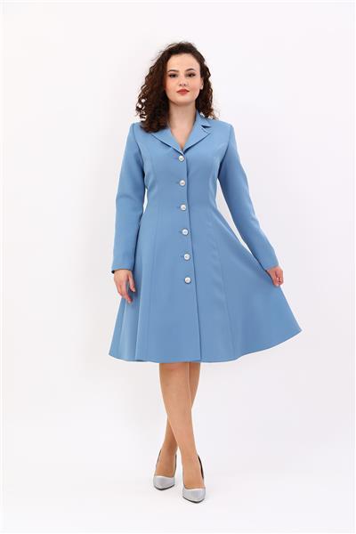 Prenses Düğmeli Zarif Kadın Elbise-Deniz