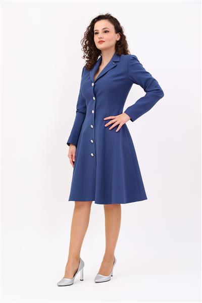 Prenses Düğmeli Zarif Kadın Elbise-İndigo