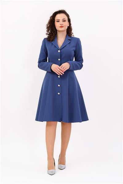 Prenses Düğmeli Zarif Kadın Elbise-İndigo