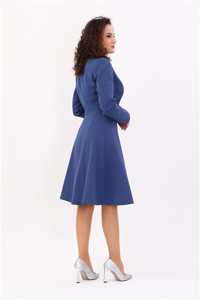 Prenses Düğmeli Zarif Kadın Elbise-İndigo