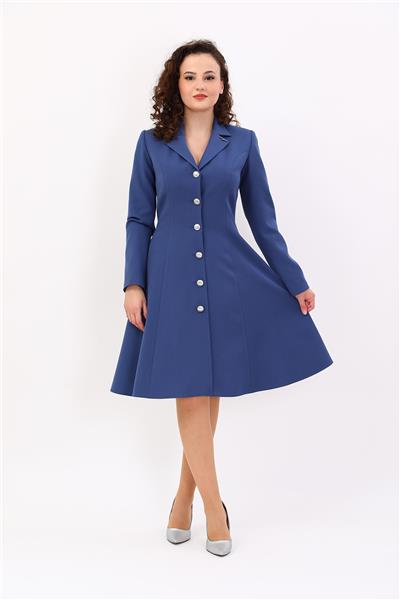 Prenses Düğmeli Zarif Kadın Elbise-İndigo