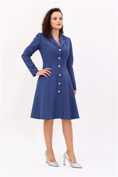 Prenses Düğmeli Zarif Kadın Elbise-İndigo