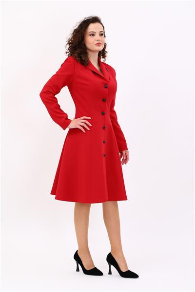 Prenses Düğmeli Zarif Kadın Elbise-Kırmızı