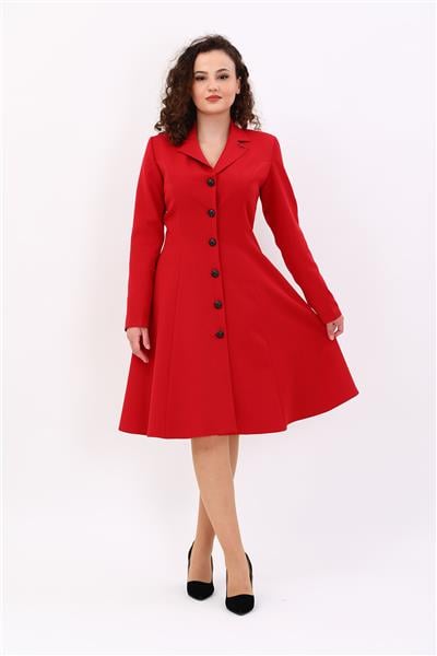 Prenses Düğmeli Zarif Kadın Elbise-Kırmızı