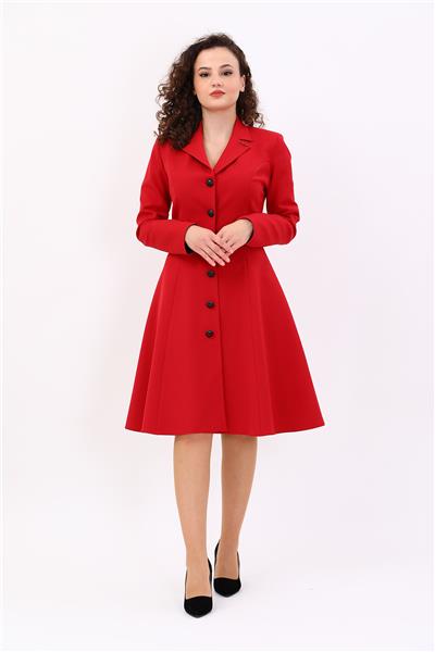 Prenses Düğmeli Zarif Kadın Elbise-Kırmızı