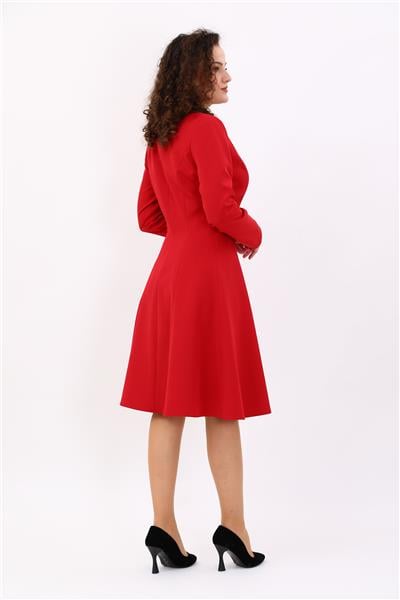 Prenses Düğmeli Zarif Kadın Elbise-Kırmızı