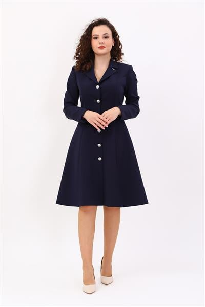 Prenses Düğmeli Zarif Kadın Elbise-Lacivert