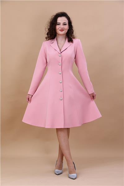 Prenses Düğmeli Zarif Kadın Elbise-Pudra