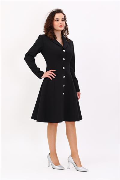 Prenses Düğmeli Zarif Kadın Elbise-Siyah