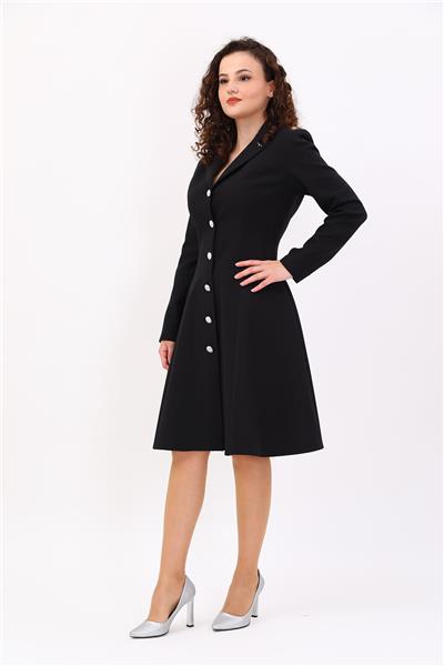 Prenses Düğmeli Zarif Kadın Elbise-Siyah