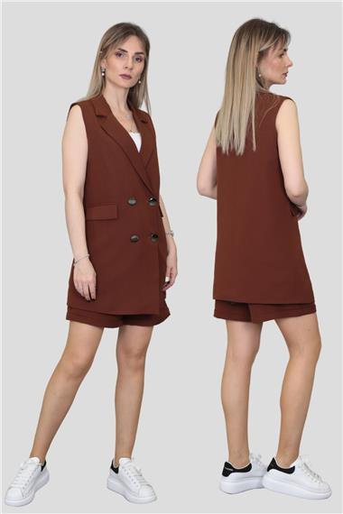 Safari Yelek & Safari Şort Takım-Kestane