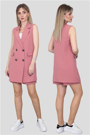 Safari Yelek & Safari Şort Takım-Gül Kurusu