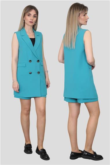 Safari Yelek & Safari Şort Takım-Turkuaz