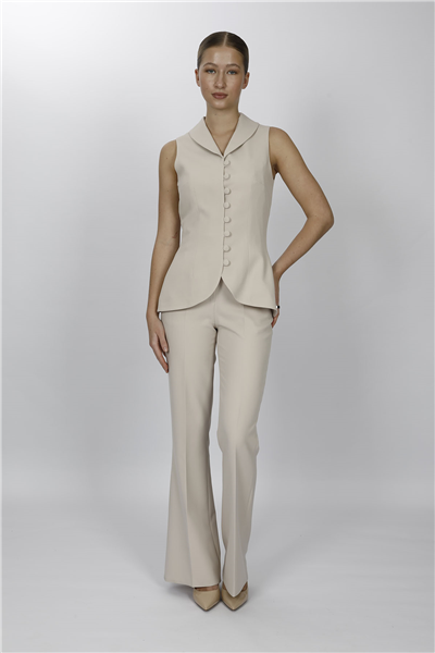 ŞAL YAKA BİRİTLİ YELEK TAKIM 1536506-Bej