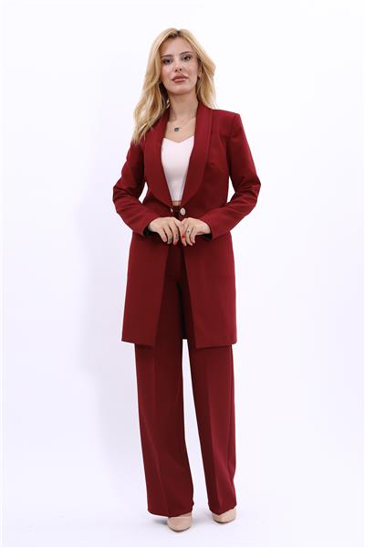 Şal Yaka Cepli Uzun Ceket & Bol Paça Pantolon-Bordo