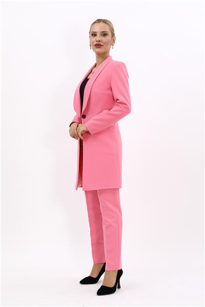 Şal Yaka Cepli Uzun Ceket & Dar Paça Pantolon Takım-Pembe