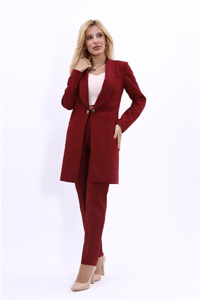 Şal Yaka Cepli Uzun Ceket & Dar Paça Pantolon Takım-Bordo