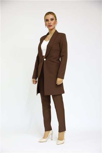 Şal Yaka Cepli Uzun Ceket & Dar Paça Pantolon Takım-Kestane