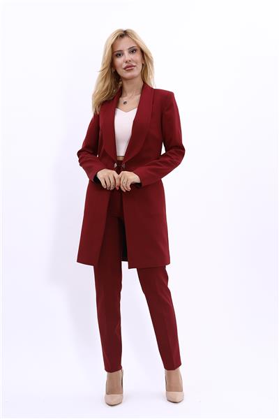 Şal Yaka Cepli Uzun Ceket & Dar Paça Pantolon Tesettür Kadın Takım Elbise-Bordo
