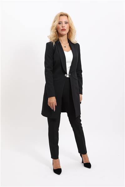 Şal Yaka Cepli Uzun Ceket & Dar Paça Pantolon Takım-Siyah
