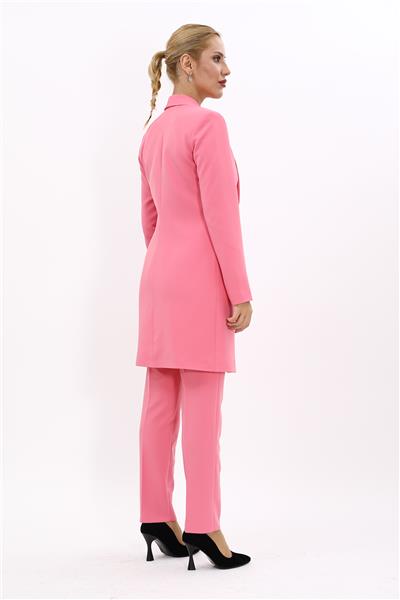 Şal Yaka Cepli Uzun Ceket & Dar Paça Pantolon Takım-Pembe