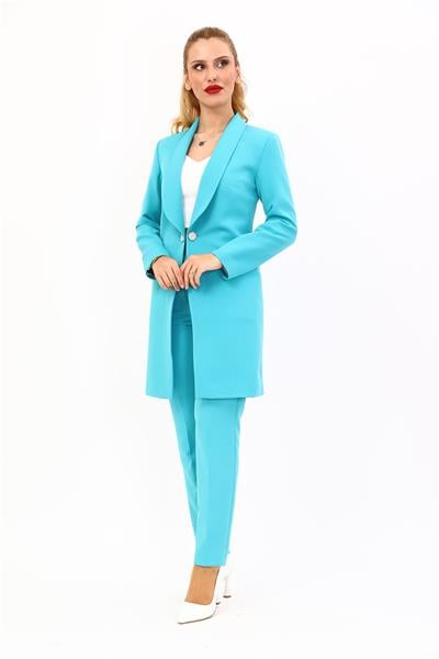 Şal Yaka Cepli Uzun Ceket & Dar Paça Pantolon Takım-Turkuaz
