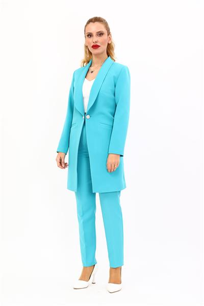 Şal Yaka Cepli Uzun Ceket & Dar Paça Pantolon Takım-Turkuaz