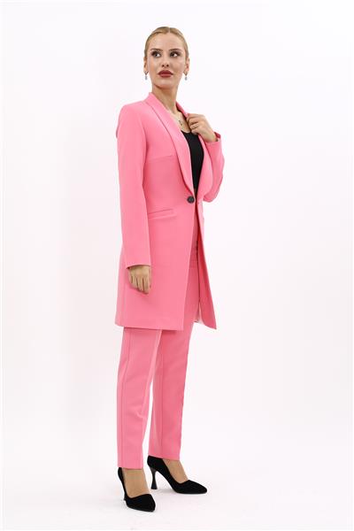 Şal Yaka Cepli Uzun Ceket & Dar Paça Pantolon Takım-Pembe