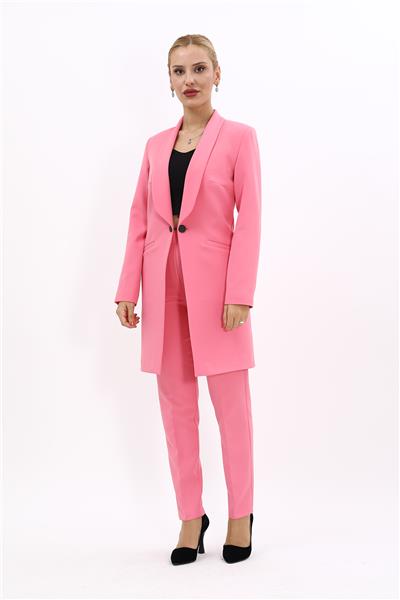 Şal Yaka Cepli Uzun Ceket & Dar Paça Pantolon Takım-Pembe