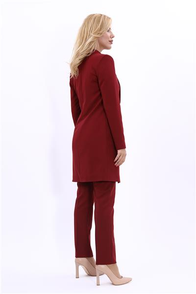 Şal Yaka Cepli Uzun Ceket & Dar Paça Pantolon Takım-Bordo