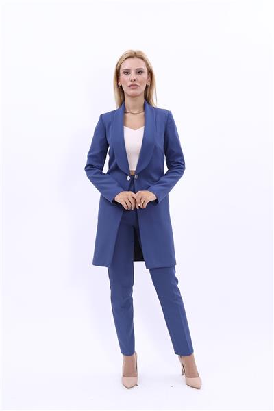 Şal Yaka Cepli Uzun Ceket & Dar Paça Pantolon Takım-İndigo