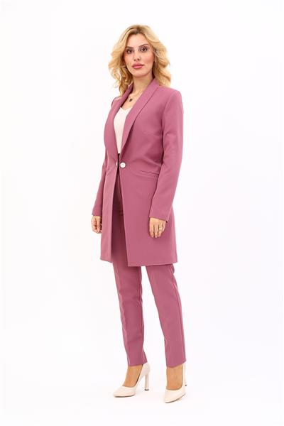Şal Yaka Cepli Uzun Ceket & Dar Paça Pantolon Takım-Rose