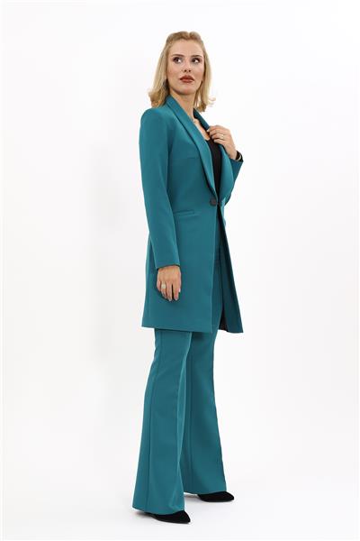 Şal Yaka Cepli Uzun Ceket & İspanyol Paça Pantolon-Petrol