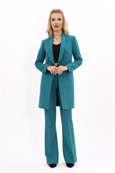 Şal Yaka Cepli Uzun Ceket & İspanyol Paça Pantolon-Petrol