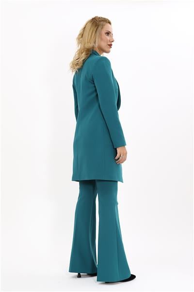 Şal Yaka Cepli Uzun Ceket & İspanyol Paça Pantolon-Petrol