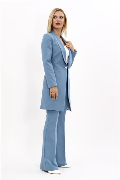 Şal Yaka Cepli Uzun Ceket & İspanyol Paça Pantolon Tesettür Kadın takım Elbise-Deniz